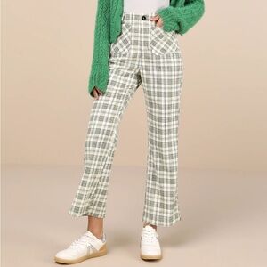 Lulu's Modish Behavior Cream and Green Plaid Corduroy High-Rise Pants
